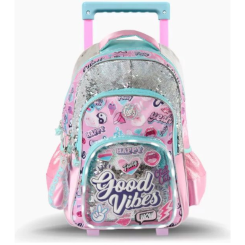 Mochila Escolar Con Carro Good Vibes Rosa